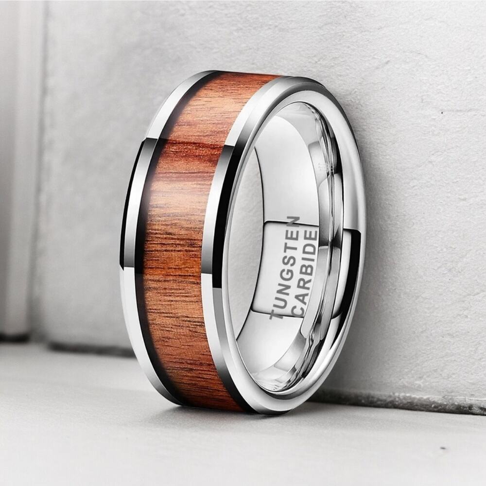 NEW 8mm tungsten carbonite wood inlay men's wedding band ring jewelry 10.5 B22